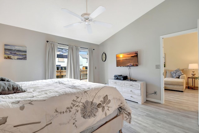 bedroom featuring a ceiling fan, baseboards, vaulted ceiling, access to outside, and light wood-type flooring