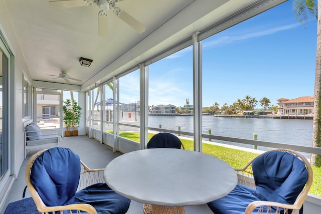 sunroom / solarium featuring a water view