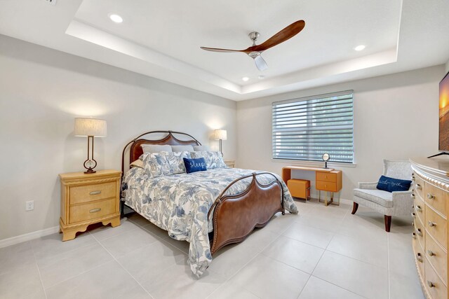 9633 Mosler Trl, Lake Worth, FL 33467 - bedroom with a raised ceiling, recessed lighting, light tile patterned flooring, and a ceiling fan