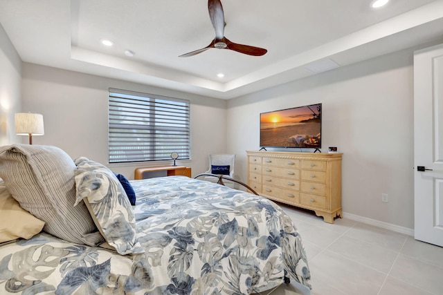 9633 Mosler Trl, Lake Worth, FL 33467 - bedroom with recessed lighting, a tray ceiling, light tile patterned floors, and ceiling fan