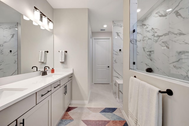 9633 Mosler Trl, Lake Worth, FL 33467 - full bathroom featuring double vanity, a marble finish shower, and recessed lighting
