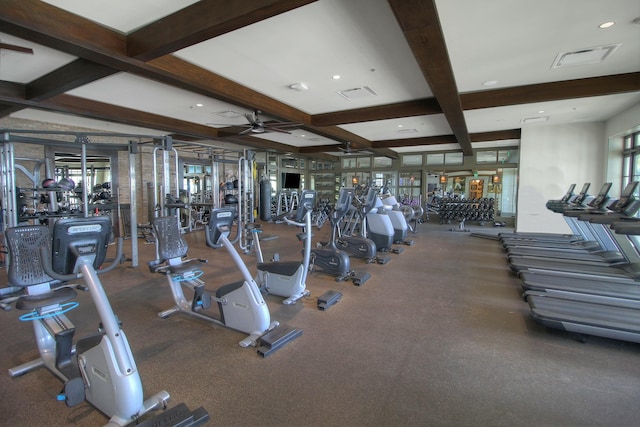 exercise room featuring visible vents, coffered ceiling, and a ceiling fan