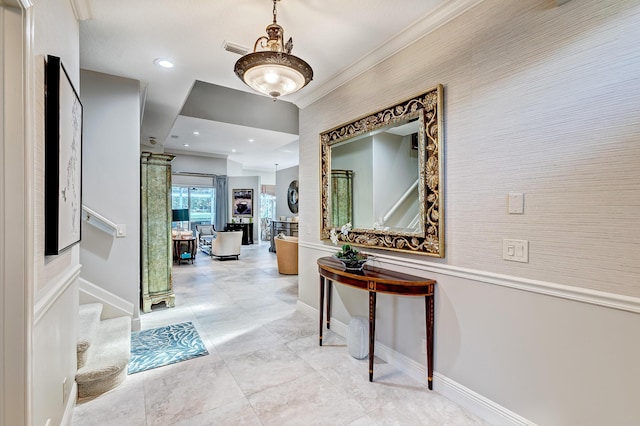 corridor featuring ornamental molding