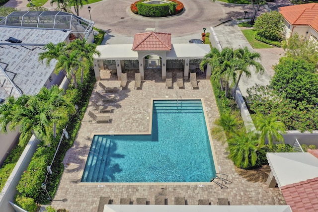 view of swimming pool with a gazebo and a patio