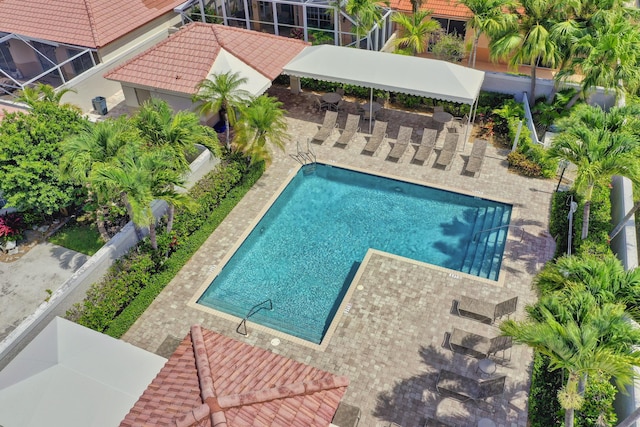 view of swimming pool featuring a gazebo and a patio