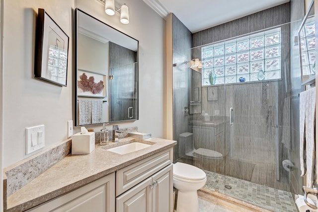 bathroom with vanity, toilet, and a shower with shower door