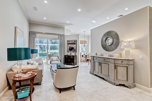 living room featuring ornamental molding