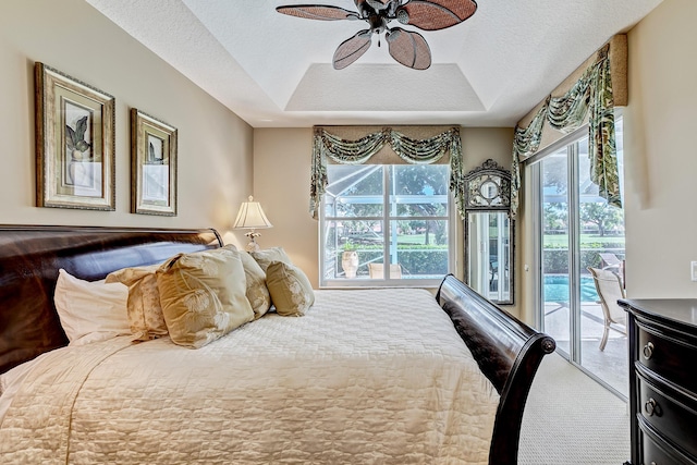 carpeted bedroom featuring multiple windows, access to exterior, a raised ceiling, and a textured ceiling