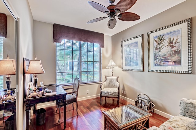 office with ceiling fan and hardwood / wood-style floors