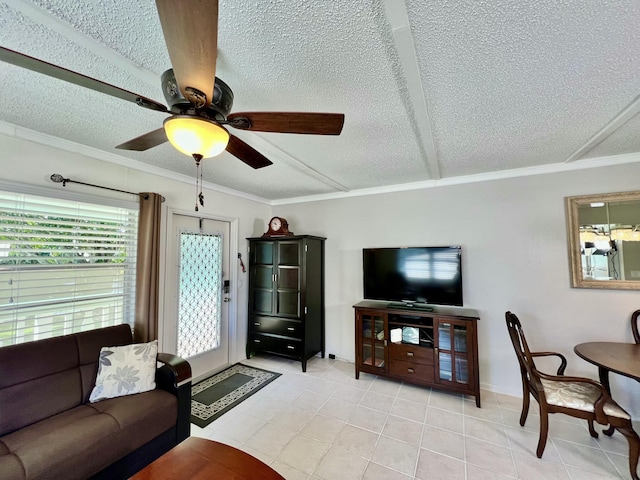 225 Westbury L 225, Deerfield Beach, FL 33442 - living area featuring light tile patterned floors, a textured ceiling, ceiling fan, and ornamental molding