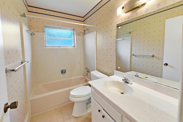 full bathroom with toilet, wallpapered walls, shower / bathing tub combination, tile patterned flooring, and vanity