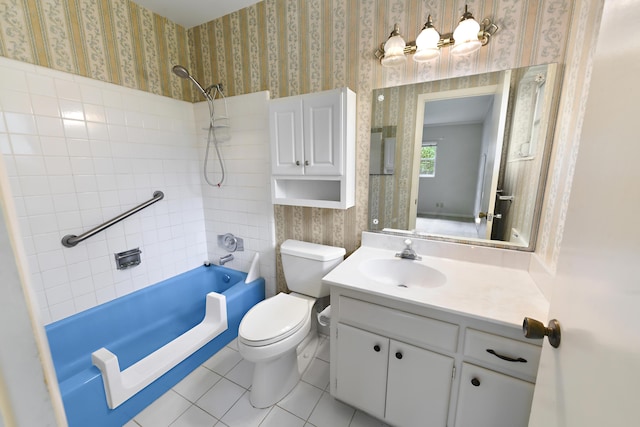 bathroom with vanity, wallpapered walls, tile patterned flooring, shower / washtub combination, and toilet