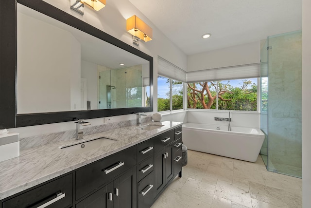 bathroom with vanity and separate shower and tub