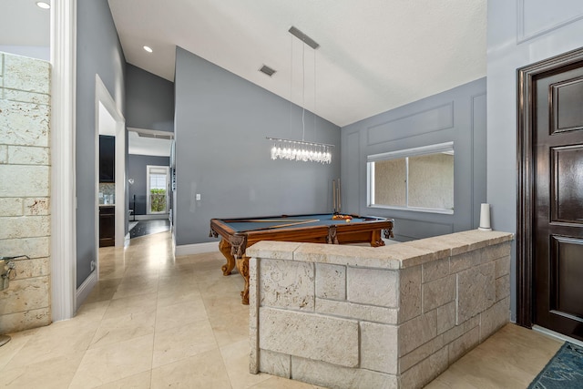 rec room featuring light tile patterned floors, pool table, and high vaulted ceiling