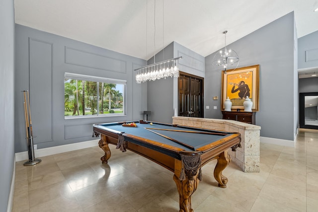 rec room featuring vaulted ceiling and pool table