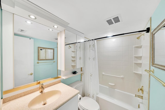 bathroom with toilet, visible vents, shower / tub combo with curtain, and vanity