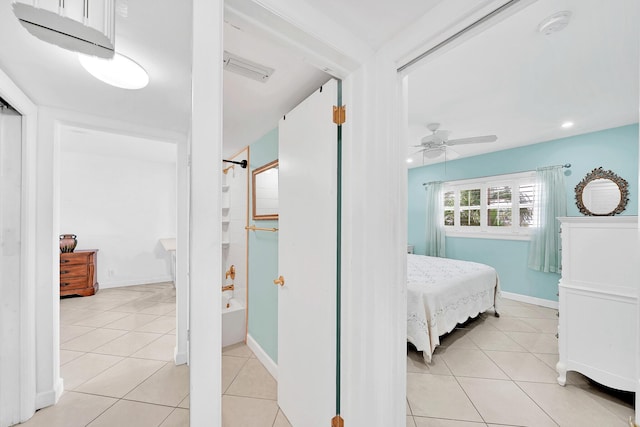 bedroom featuring light tile patterned floors, recessed lighting, visible vents, ceiling fan, and baseboards