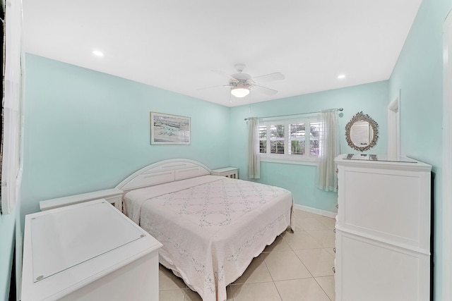 bedroom with recessed lighting, ceiling fan, baseboards, and light tile patterned flooring