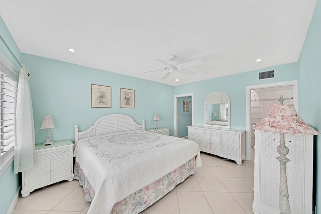 bedroom with light tile patterned floors, ceiling fan, recessed lighting, visible vents, and baseboards