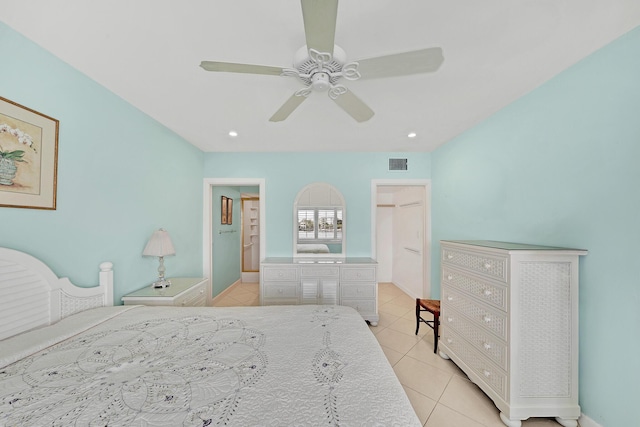 bedroom featuring recessed lighting, visible vents, light tile patterned flooring, ceiling fan, and baseboards