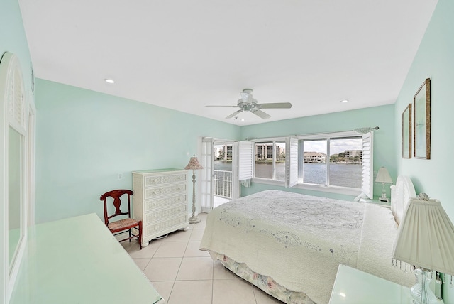 bedroom with light tile patterned floors, a ceiling fan, and recessed lighting