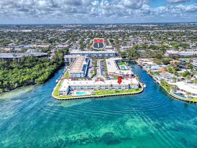 aerial view featuring a water view