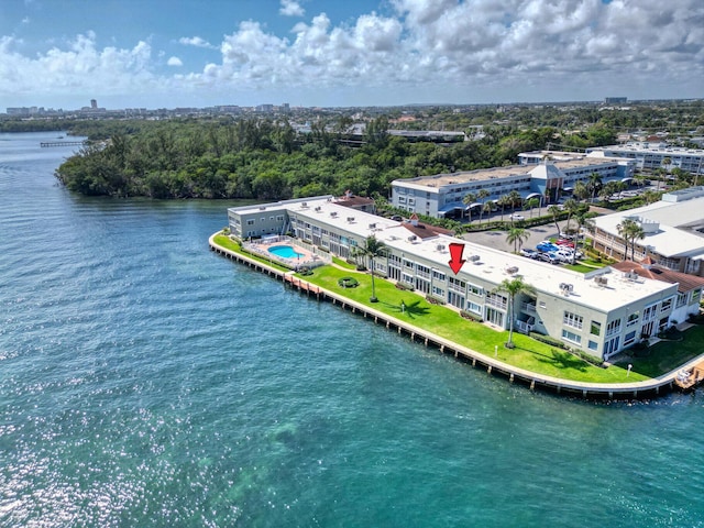 drone / aerial view with a water view