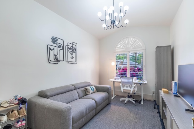 carpeted home office featuring a chandelier, lofted ceiling, and baseboards