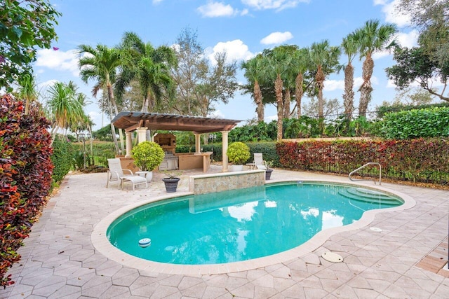 view of pool featuring a bar, area for grilling, a patio, and a fenced in pool