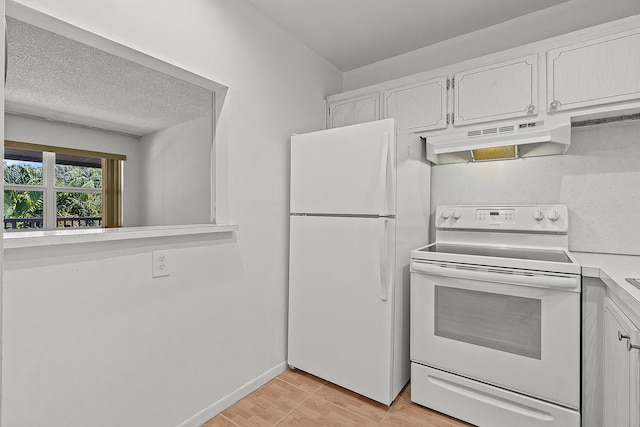 kitchen featuring under cabinet range hood, a textured ceiling, white cabinetry, white appliances, and light countertops