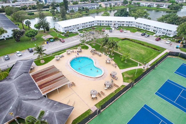 drone / aerial view featuring a water view