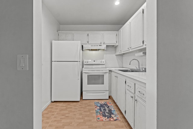 kitchen featuring a sink, under cabinet range hood, white cabinetry, white appliances, and light countertops