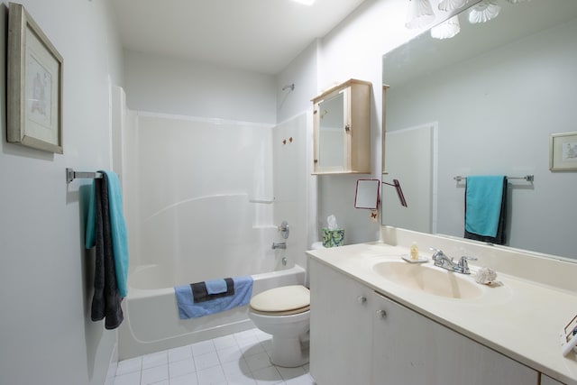 full bath with shower / bathtub combination, tile patterned flooring, vanity, and toilet