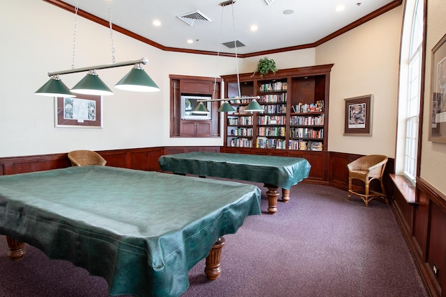 recreation room with a wainscoted wall, billiards, visible vents, and crown molding