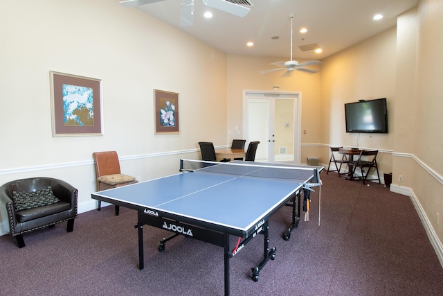 playroom featuring ceiling fan, carpet, recessed lighting, and baseboards