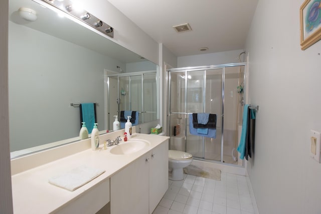 bathroom with toilet, vanity, visible vents, a shower stall, and tile patterned floors