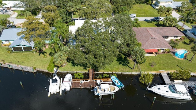 bird's eye view with a water view