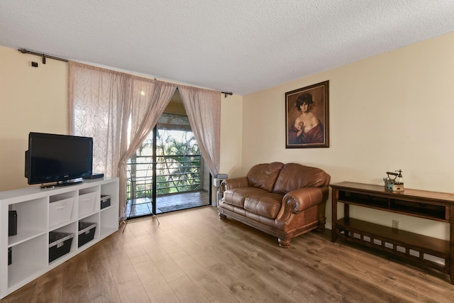 living room with hardwood / wood-style flooring and a textured ceiling