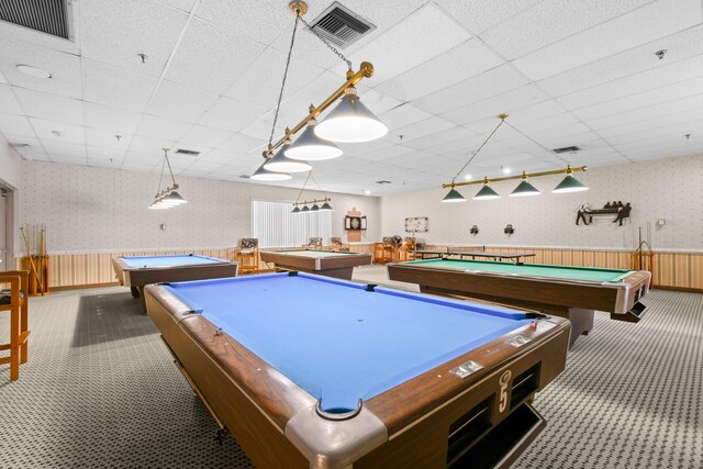 4640 Lucerne Lakes Blvd Unit 306, Lake Worth, FL 33467 - rec room with wallpapered walls, a drop ceiling, a wainscoted wall, pool table, and carpet floors