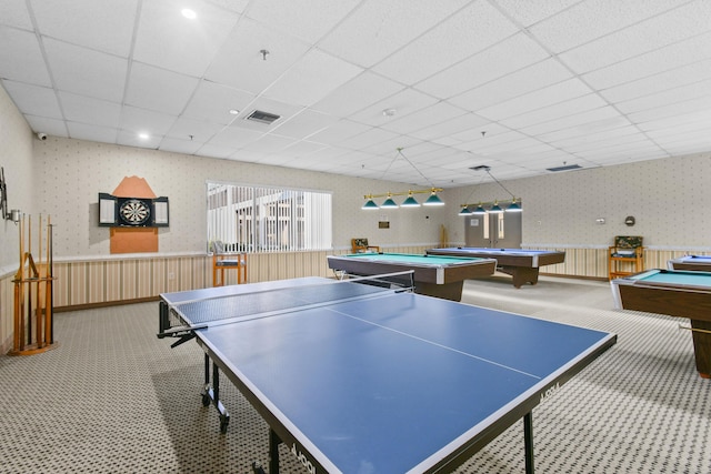 4640 Lucerne Lakes Blvd Unit 306, Lake Worth, FL 33467 - game room with wallpapered walls, a wainscoted wall, pool table, carpet, and a paneled ceiling
