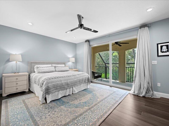 bedroom with dark wood-type flooring, access to outside, and ceiling fan