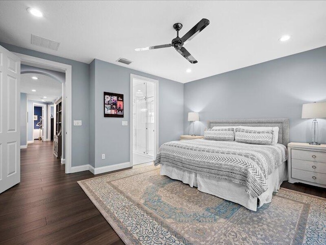 bedroom with dark wood-type flooring and ceiling fan