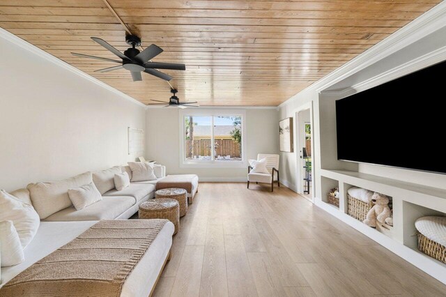 living area with light wood-style floors, wood ceiling, a ceiling fan, and crown molding