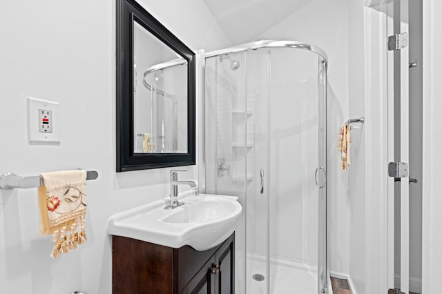 bathroom featuring vanity and a shower with shower door