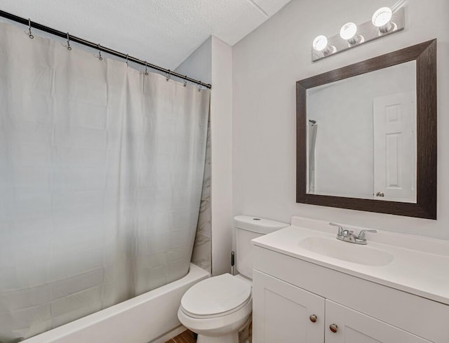 full bath with shower / bathtub combination with curtain, toilet, a textured ceiling, and vanity