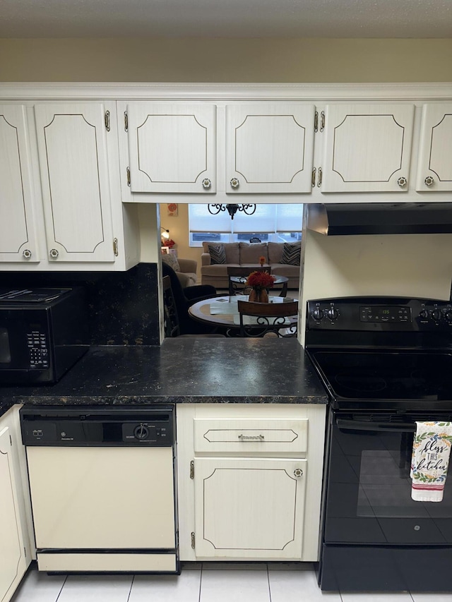 kitchen featuring white cabinetry, range hood, light tile patterned floors, and black appliances