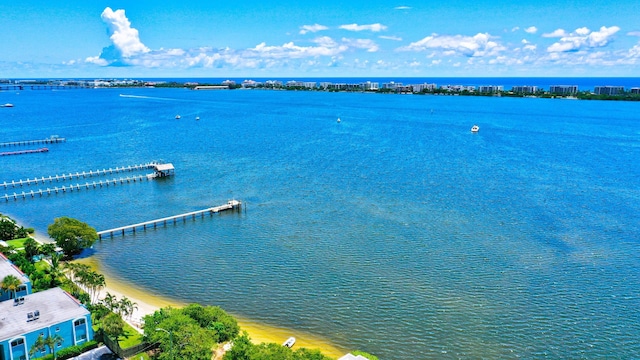 aerial view featuring a water view