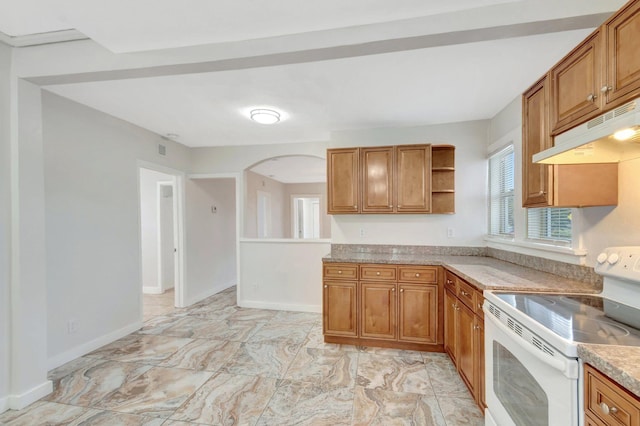 kitchen featuring white electric stove, under cabinet range hood, light countertops, open shelves, and brown cabinetry