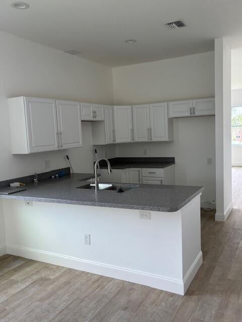 kitchen with sink, white cabinets, light hardwood / wood-style floors, and kitchen peninsula