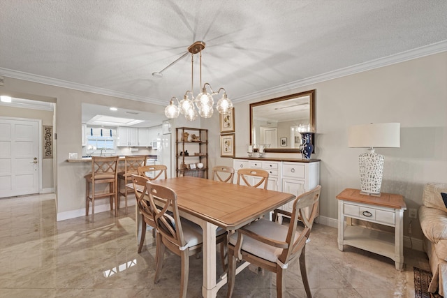 dining room featuring baseboards, a textured ceiling, marble finish floor, and ornamental molding